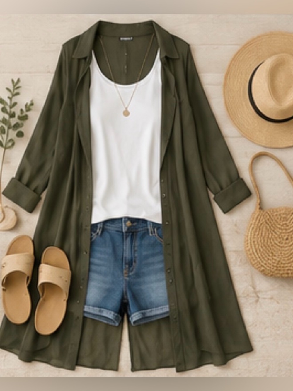Bailey Blue- plus size - Olive Green Sleeveless Longline Duster Vest :Dress